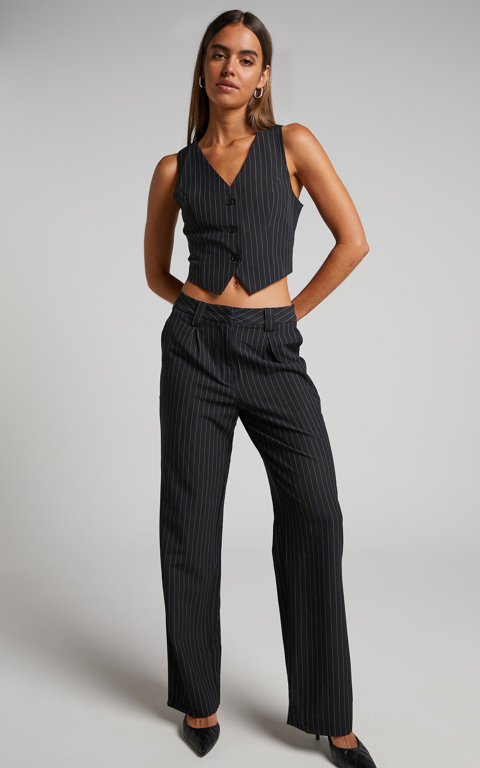 High waisted handmade straight leg pants black pinstripe