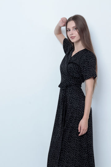 Handmade A-line maxi wrap summer dress v-neck - black
