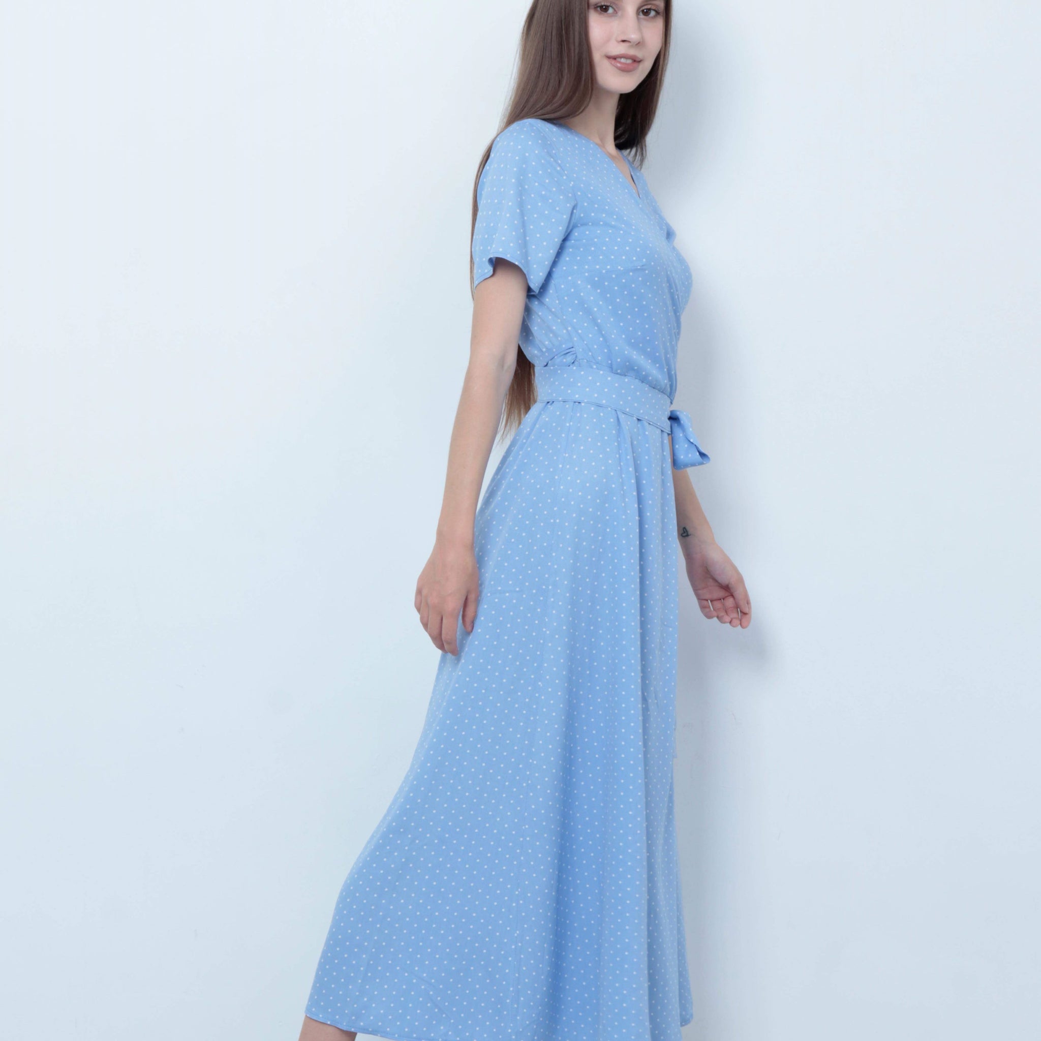 Handmade A-line maxi wrap summer dress v-neck - light blue