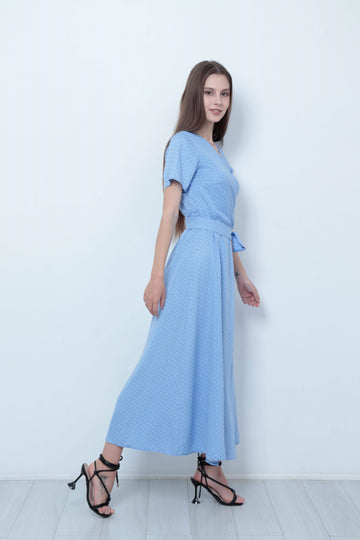 Handmade A-line maxi wrap summer dress v-neck - light blue