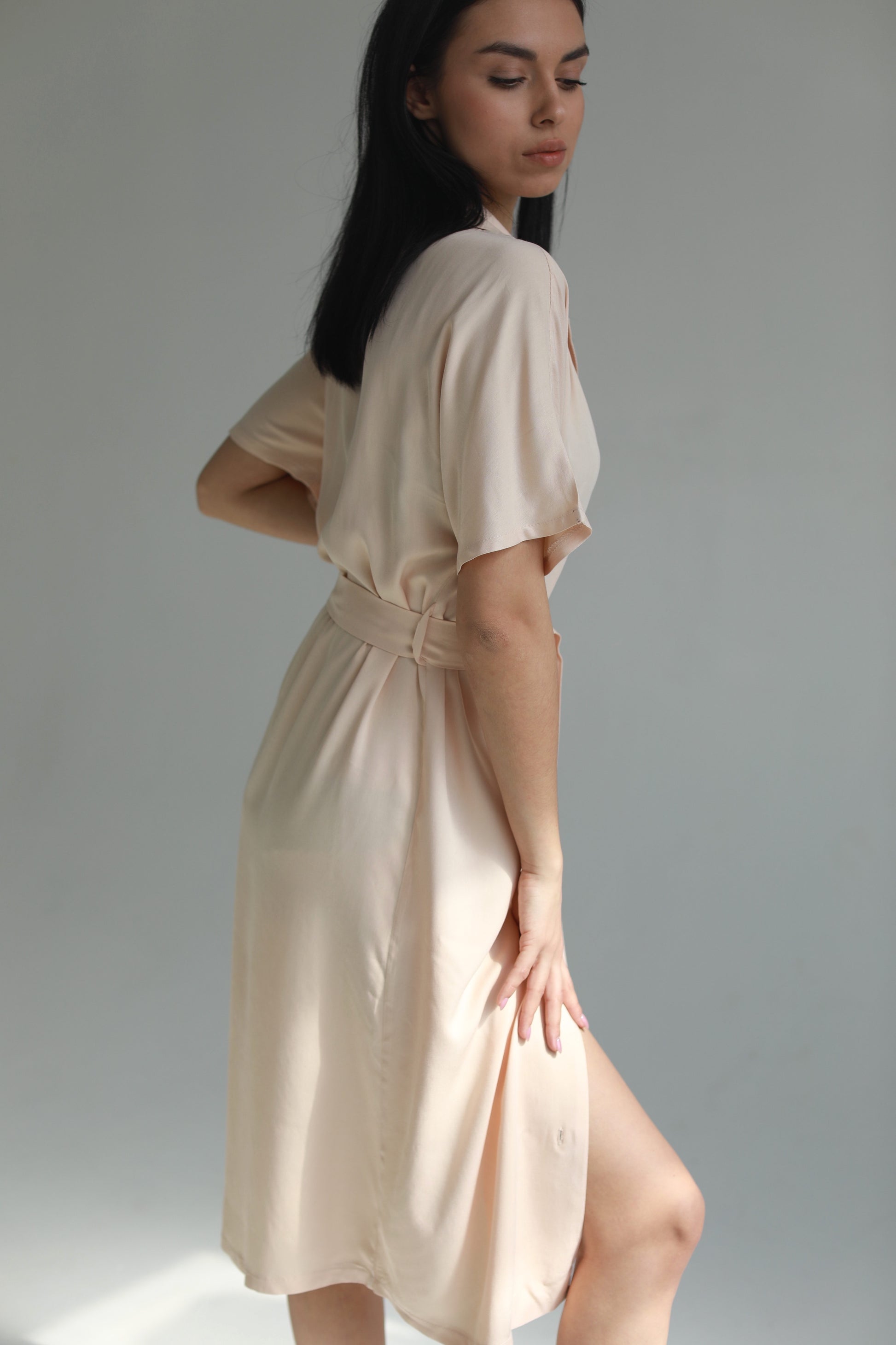 Sustainable handmade button up midi dress ivory - AIYM Timeless Fashion