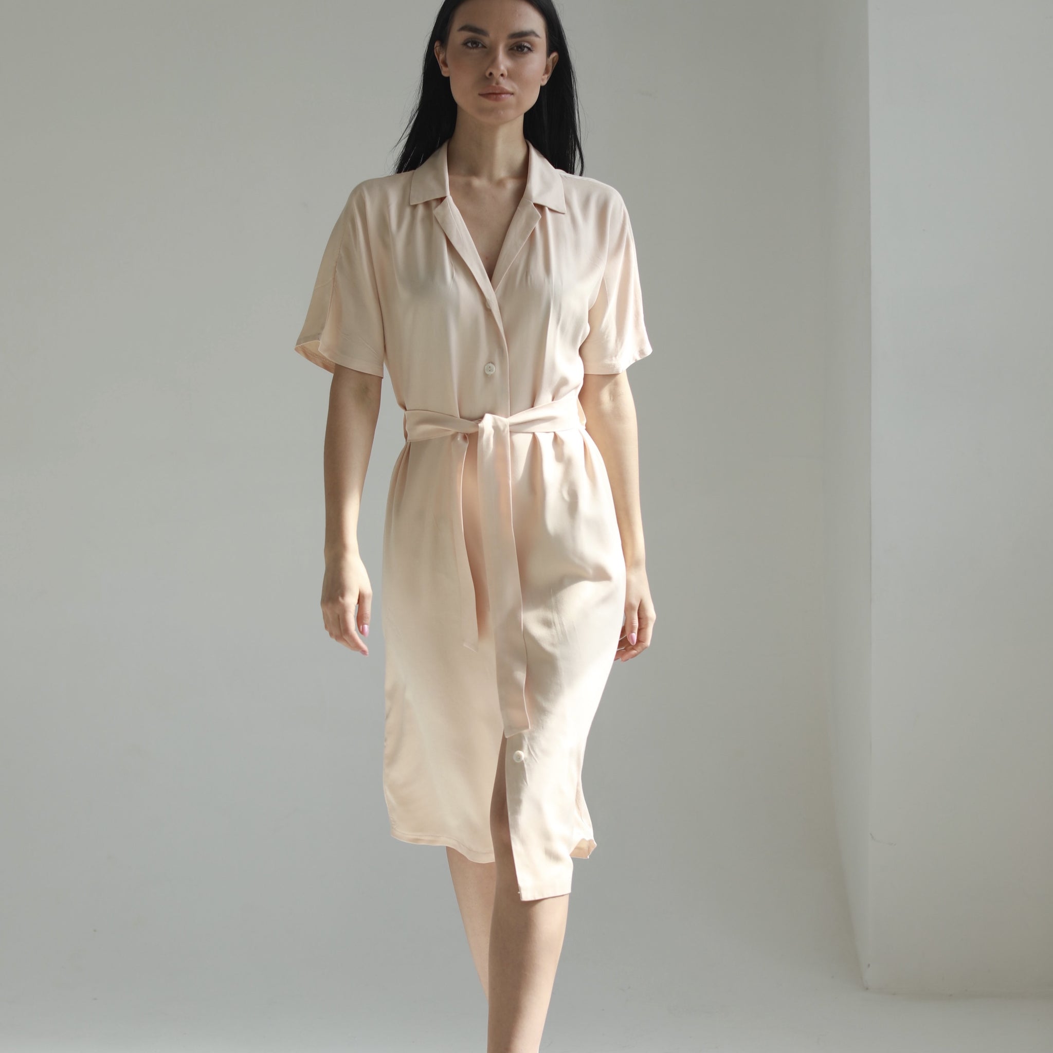 Sustainable handmade button up midi dress ivory - AIYM Timeless Fashion