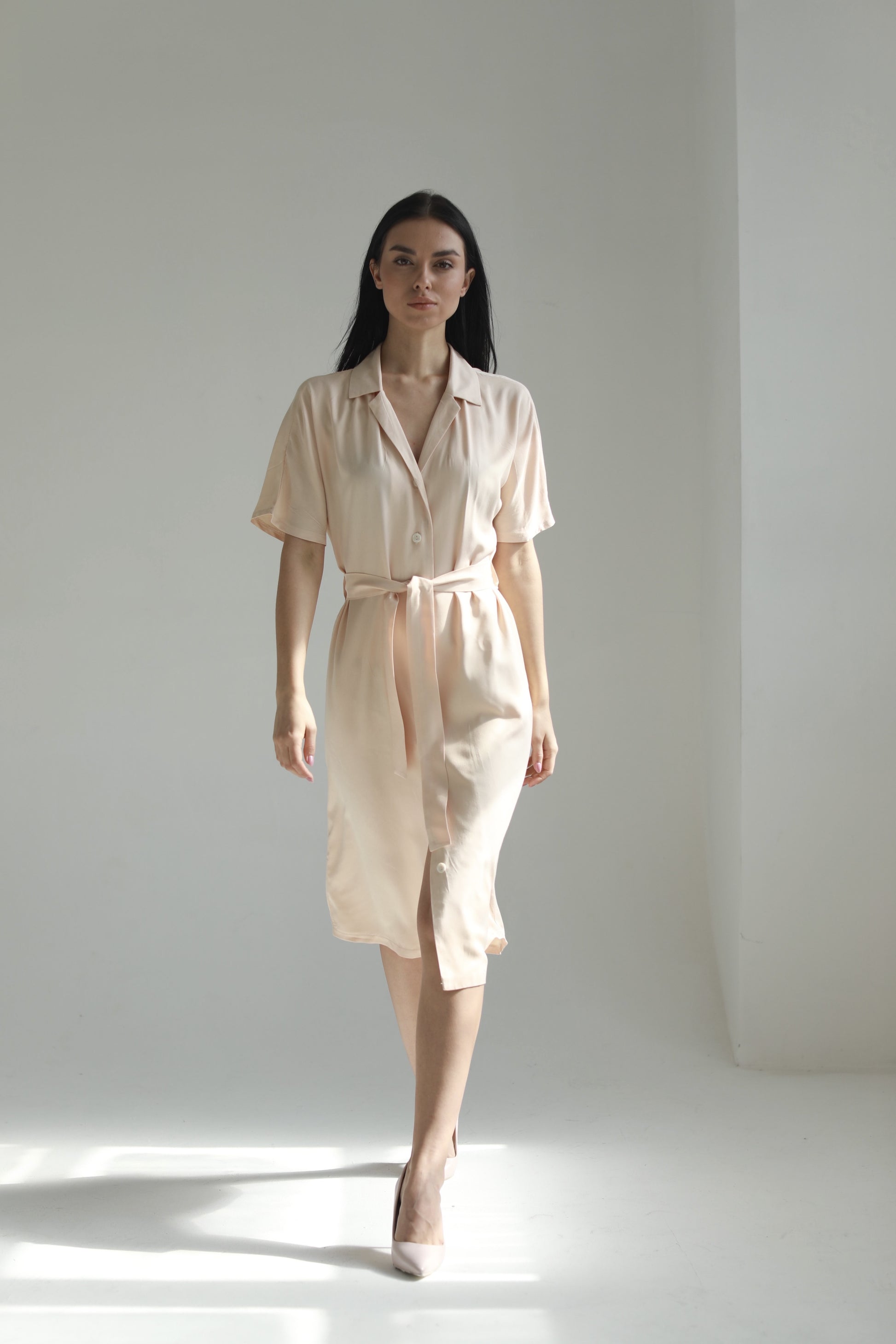 Sustainable handmade button up midi dress ivory - AIYM Timeless Fashion