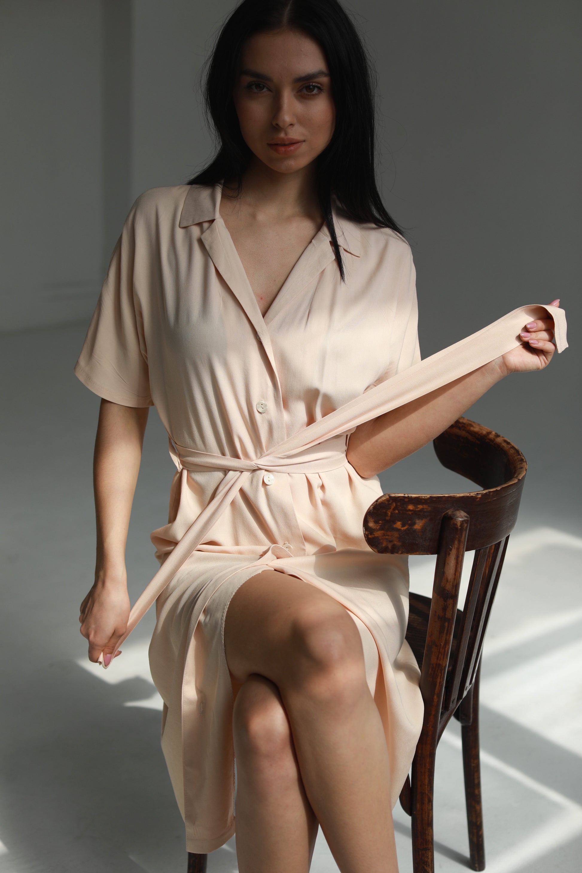 Sustainable handmade button up midi dress ivory - AIYM Timeless Fashion