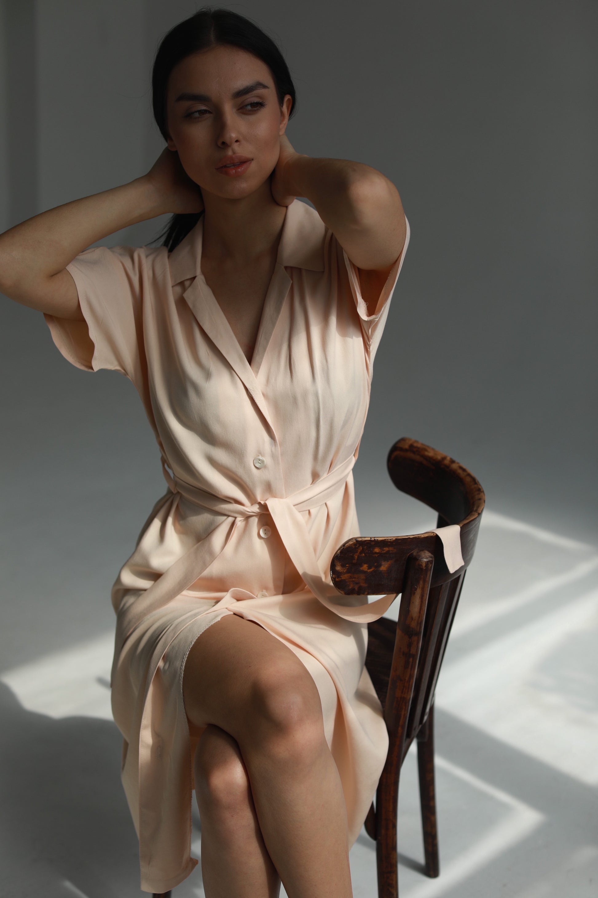 Sustainable handmade button up midi dress ivory - AIYM Timeless Fashion