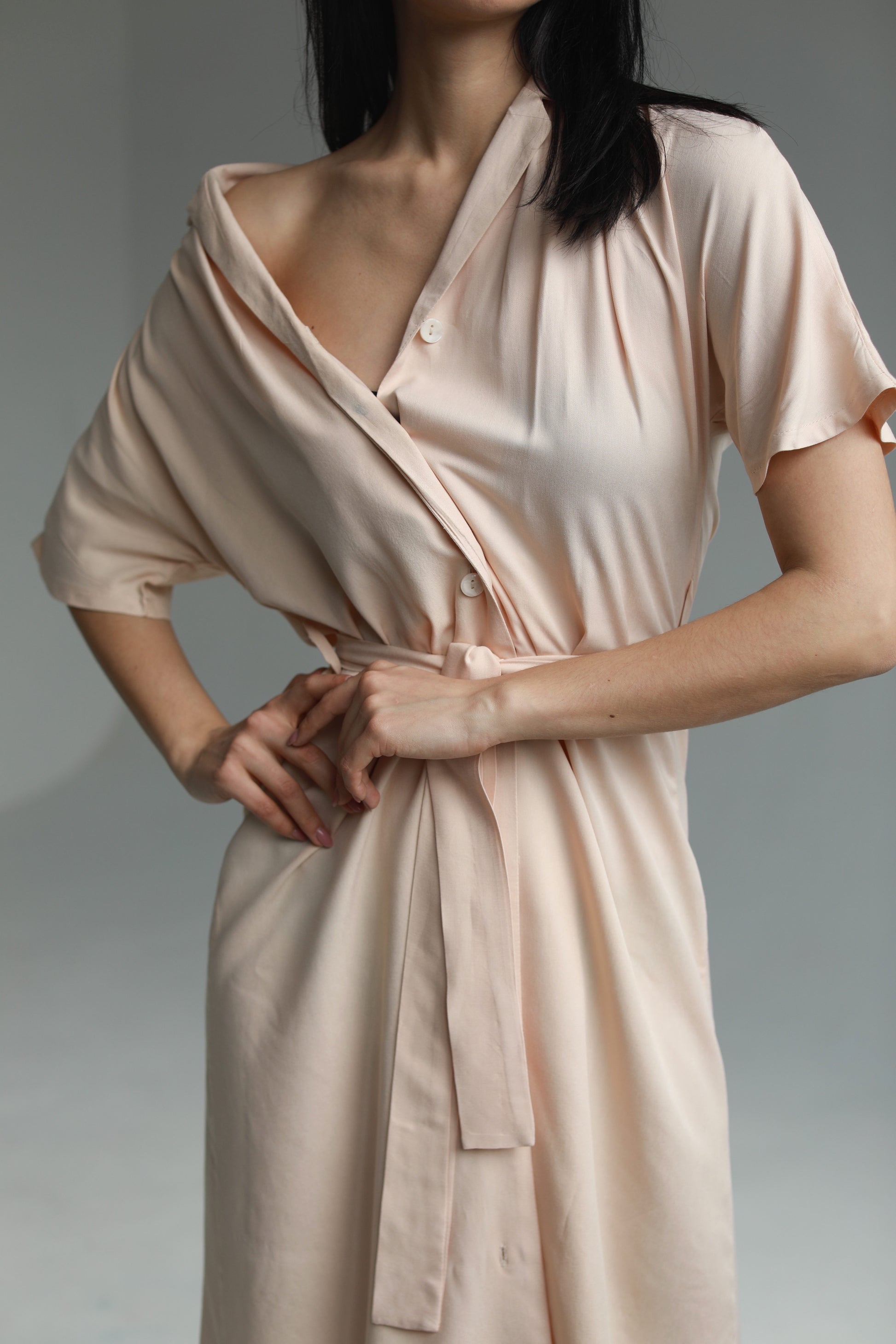 Sustainable handmade button up midi dress ivory - AIYM Timeless Fashion