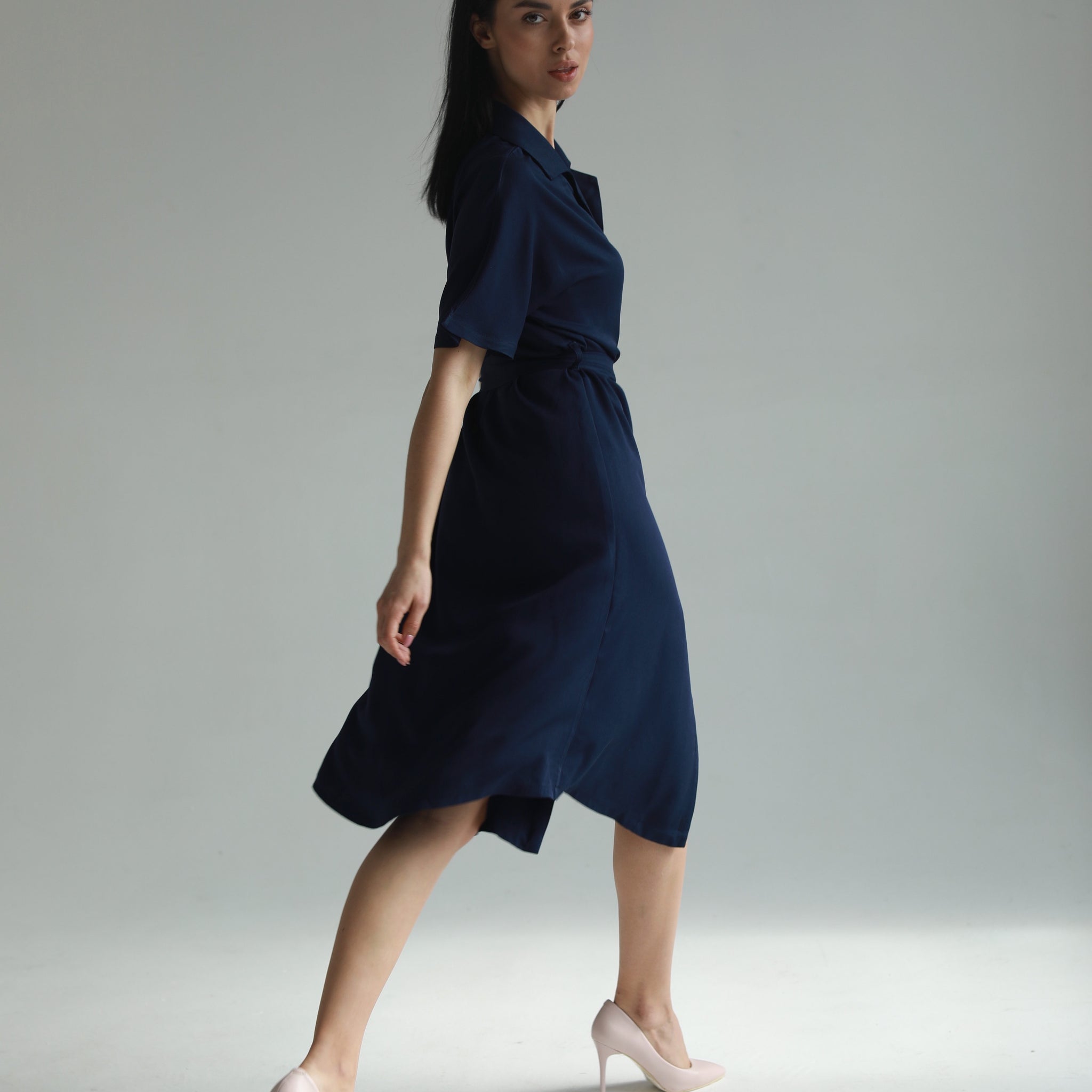 Sustainable handmade button up midi dress dark blue - AIYM Timeless Fashion