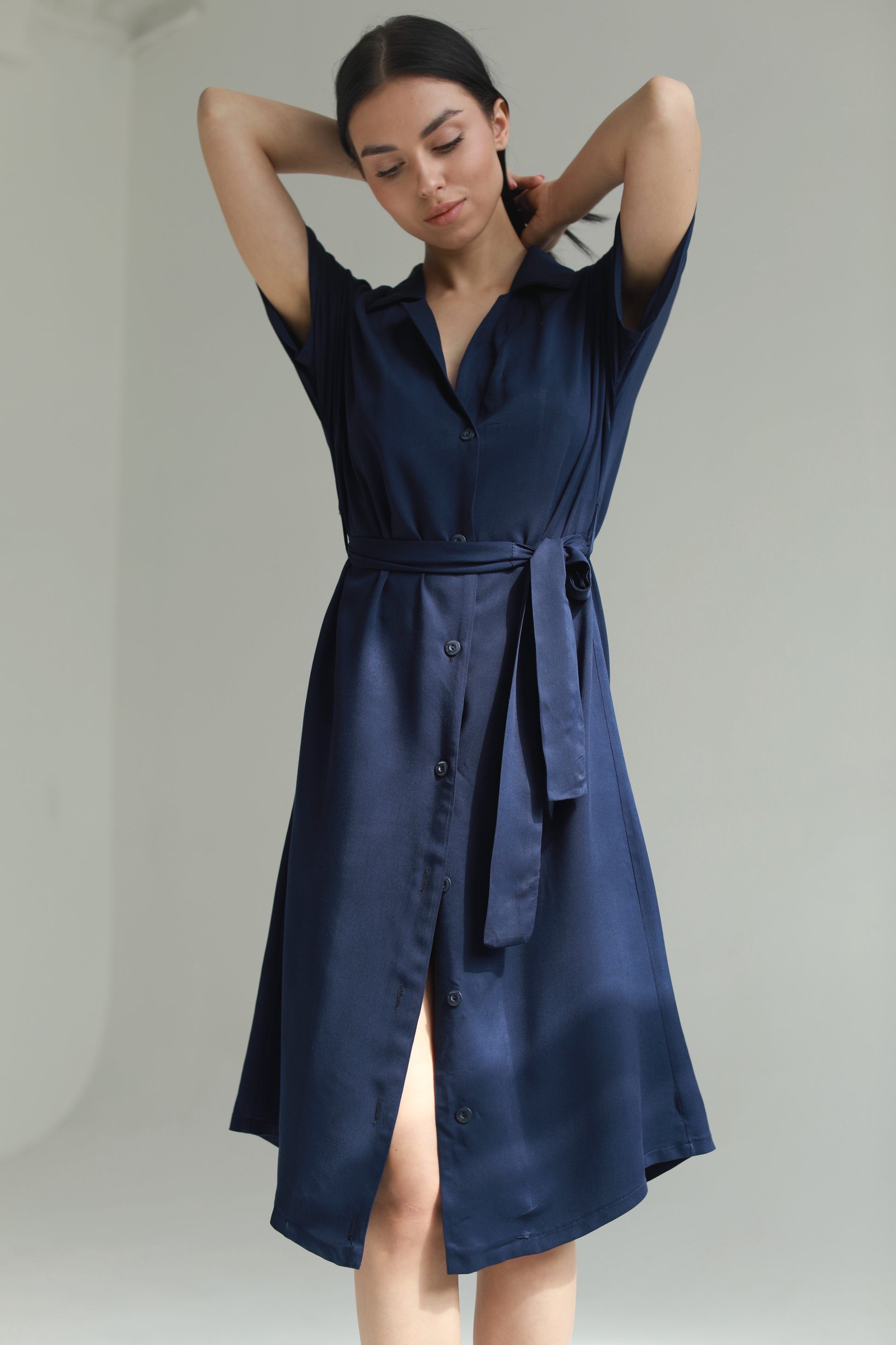 Sustainable handmade button up midi dress dark blue - AIYM Timeless Fashion