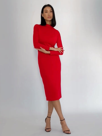 Timeless elegant long sleeve midi dress red