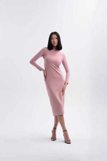 Timeless elegant long sleeve midi dress dusky pink