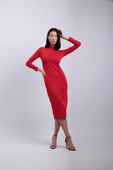Timeless elegant long sleeve midi dress red