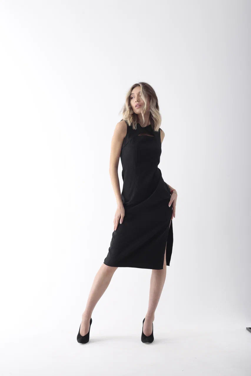 Timeless Black Midi Dress with Cut-Out Detail